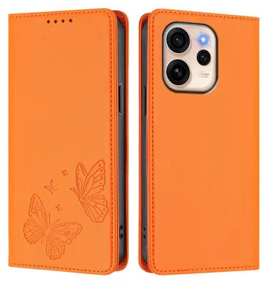 Image de Étui en cuir pour Oppo Reno15 F, étui de protection type portefeuille en cuir gaufré motif papillon avec support, couleur orange