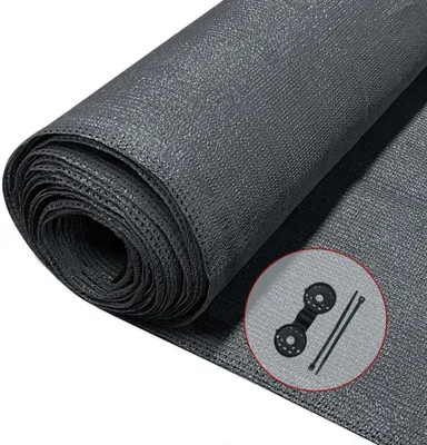 A rolled-up piece of dark gray privacy screen material is shown on a white background. A circular inset shows a close-up of two black connectors and two black zip ties.
