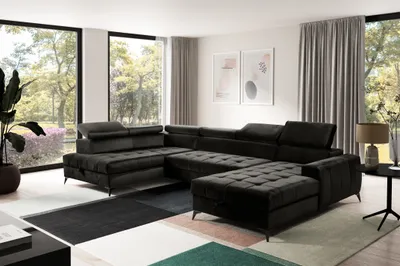Produktbild von AX LIVING Schwarze Eckcouch mit Schlaffunktion Arkucio U 345cm Breite R