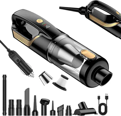 Immagine prodotto di Aspirapolvere portatile per auto - Ideale per la pulizia degli interni dell'auto - Multifunzione 4-in-1 - Potenza di aspirazione: 27000 Pa - Colore: nero