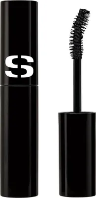 A black mascara tube with the brand logo on it, and the mascara wand extended.