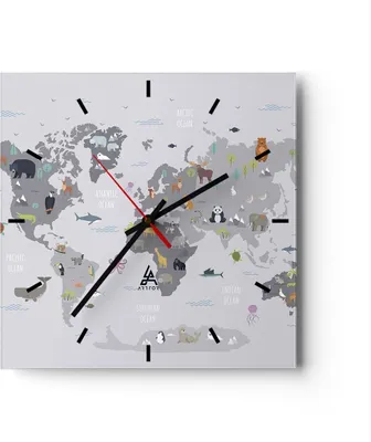 Produktbild von Wanduhr - Quadrat - Glasuhr - Karte die Welt Kontinente - 40x40cm - Schleichendes Uhrwerk - Lautlos - zum Aufhängen bereit - Dekoration Modern - Wanddekoration aus Glas - C3AC40x40-5033