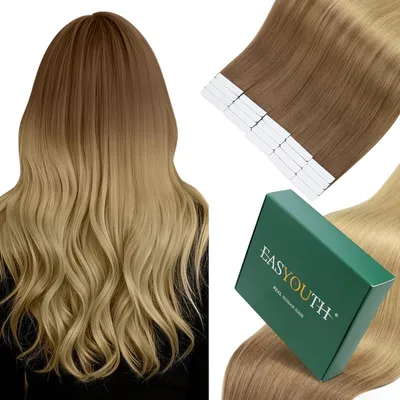 Produktbild von Tape in Extensions Echthaar Balayage Braun Goldbraun Ombre Dunkelgolden Blond 40cm 40g