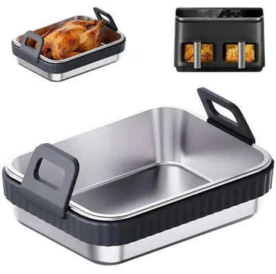 Produktbild von 2 Pcs Airfryer Auflaufform aus Edelstahl mit Silikongriffen , BPA-frei Backform für Heißluftfritteuse, hitzebeständig & spülmaschinenfest Zubehör
