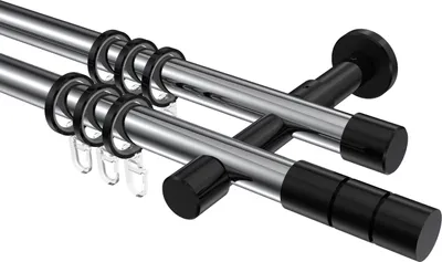 Produktbild von Interdeco Gardinenstange / Vorhangstange Chrom / Schwarz, Typ Prestige Elanto (Rillenzylinder), 20 mm Ø 2-läufig, 200 cm