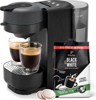 Produktbild von Tchibo Kaffeepadmaschine „CALL ME PAD“ inkl. 36 Tchibo Black & White Pads, mit To-Go Becher Taste, für 2 Tassen, schnell und leise, automatische Abschaltfunktion, Schwarz