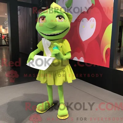 Obrázok produktu pre Maskot spoločnosti REDBROKOLY, známy ako "Lime Green Love Letter", je oblečený v šortkách a má pripevnené spinky na golieri
