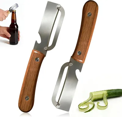 Imagen del producto de Peladores de verduras y patatas con mango de madera, 2 unidades, de acero inoxidable, con abrebotellas, para la cocina