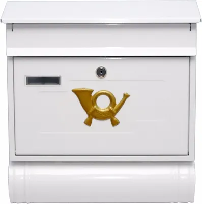 A white mailbox with a gold postal horn emblem.