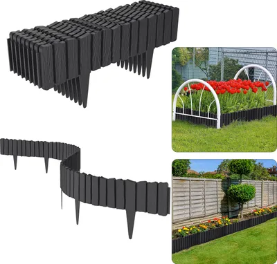 Image de UISEBRT 8 pcs. Anthracite Bordure de parterre en bois Bordure de parterre de fleurs Bordure de jardin Bordure de pelouse Palissade de jardin aspect bois en PP - 4,6 mètres