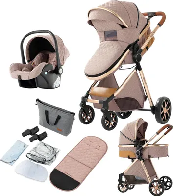 Obrázok produktu pre Luxusný kombinovaný kočík – autosedačka a kočík 4 v 1 – sedadlo s polohou 170° – veľký košík – priedušná strieška – ľahko skladateľný – khaki