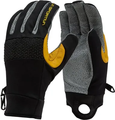 Technische Kletterhandschuhe "Supercouloir Tech Gloves" von La Sportiva; schwarz mit gelben und grauen Akzenten.