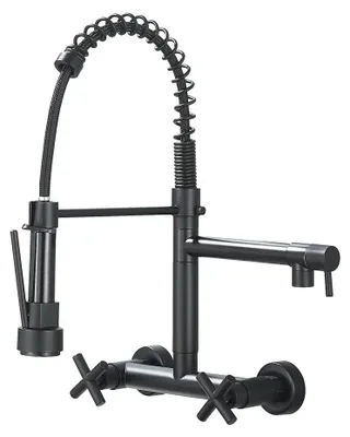 Produktbild von Küchenarmatur - Wandmontage - Ausziehbrause - 2-Griff Warm-/Kaltwasser-Mischer - 304 Edelstahl - Schwenkbarer Auslauf - Schwarz