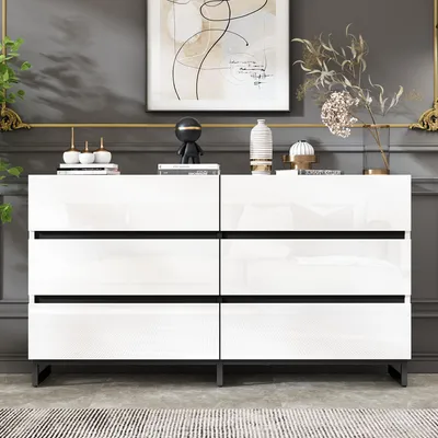 Productafbeelding van Woonkamerkast met 6 lades, 140x39,5x78,5 cm, wit met zwarte metalen poten en glanzende ladefronten