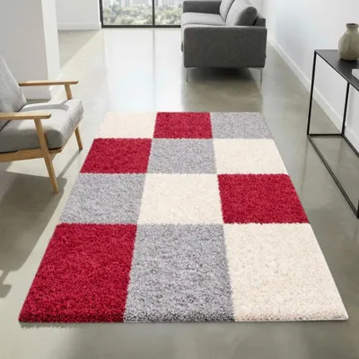 Produktbild von Shaggy Teppich Mehrfarbig Rot Grau Creme – moderner Hochflor Teppich mit Karomuster Größe - 60 x 110 cm