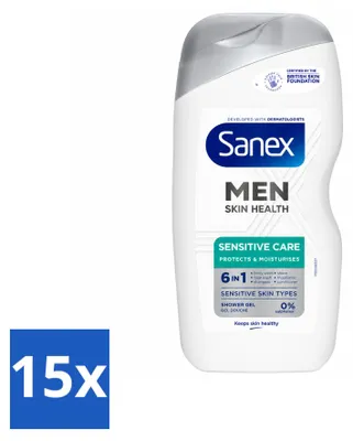 Imagen del producto de 15 unidades de gel de ducha Sanex Men Sensitive, 400 ml cada uno. Paquete económico