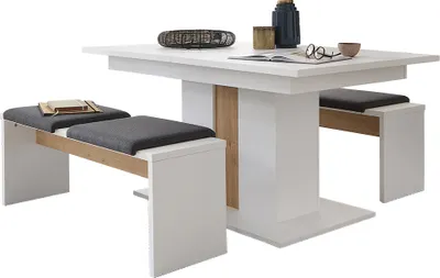 Produktbild von Essgruppe mit ausziehbarem Esstisch & Sitzbank mit Sitzkissen, weiß und Eiche, 3-teilig - MANRESA-36
