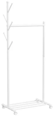 Produktbild von Mobiler Kleiderständer mit Schuhablage, 5 Haken und Rollen | Farbe: Weiß | Abmessungen: 43x68x171 cm