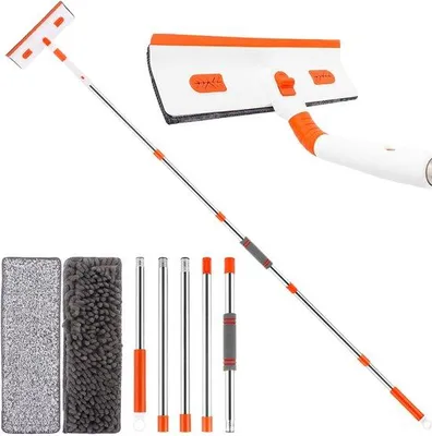 Produktbild von Unyqoos® Teleskop-Fensterwischer-Set – verstellbarer Stiel 38–206 cm, 180° drehbarer Kopf, waschbare Wischbezüge, Aluminiumverlängerung für hohe Fenster