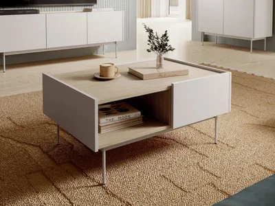 A modern living room with a coffee table in the foreground, a media console in the background, and a rug.