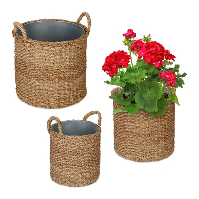 Immagine prodotto di Set da 3 vasi da fiori Relaxdays con vaschetta in zinco, diverse dimensioni, vasi da fiori in stile alghe marine, giardino e balcone, vasi rotondi, color naturale
