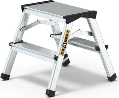 A two-step aluminum stepladder shown from a front-diagonal angle against a white background.