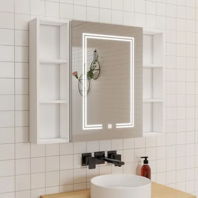 Produktbild von LED Spiegelschrank mit Seiteschrank 90x70 cm, beschlagfrei, mit 3 dimmbaren Lichtfarben, Rasiersteckdose, IP44 - Weiß matt