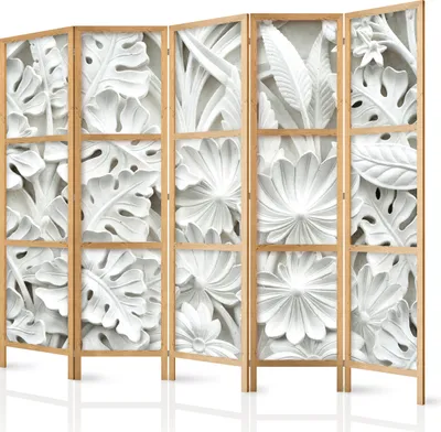 Produktbild von Paravent XXL Monstera Blätter Natur 225x171 cm - 5-teilig - einseitig - eleganter Sichtschutz - Raumteiler - Trennwand - Raumtrenner - Holz - Design Motiv - Deko - Japan f-B-0265-z-c