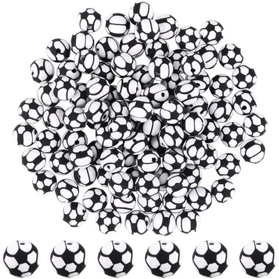 120 Stück 8 mm Fußballperlen aus Polymer-Ton, Schwarz-Weiß