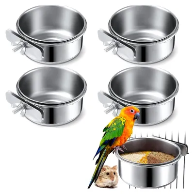 Produktbild von 4 Stück Vogel Futternapf zum Einhängen mit Edelstahlhalter für Papageien und Wellensittiche - Wasser- und Futternäpfe im Vogelhaus (10 cm x 4,5 cm)