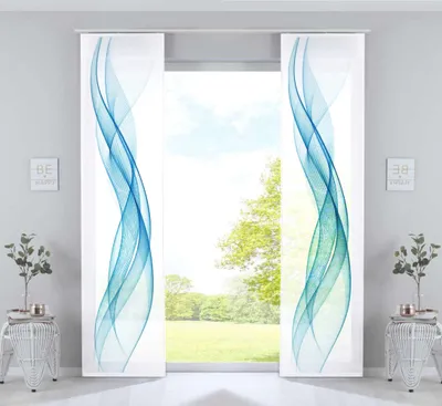 Produktbild von 2er Set Schiebevorhänge Bedruckt Flächenvorhänge »Izmir« HxB 245x60 cm Welle Blau Microsatin Blickdicht Lichtdurchlässig mit Paneelwagen, 2022400B-2
