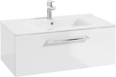 Produktbild von Waschtisch, 80 cm breit, in weiß Hochglanz lackiert mit Metallgriff in chrom und Keramikwaschbecken MESSINA-107, B/H/T ca. 80/32/46 cm