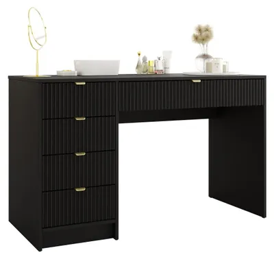 Produktbild von MIRJAN24 Schreibtisch / Schminktisch Tireno mit 5-Schubladen, Fronten gefräst, Aluminiumgriffe in der Farbe Gold, universell - Links / Rechts (Farbe: Schwarz Molet)