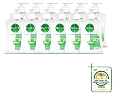 Imagen del producto de 12 unidades de jabón antibacteriano para manos Dettol, aroma a aloe vera, 250 ml, pack ahorro