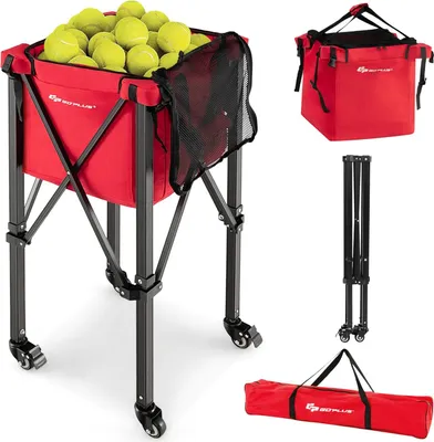 Produktbild von GOPLUS Tenniswagen klappbar, tragbarer Ballwagen mit Tragetasche, Tennisballwagen aus Aluminium & Oxford-Stoff bis 30kg Belastbar, Ball Basket für Tennisball, Badminton & Baseball, Rot