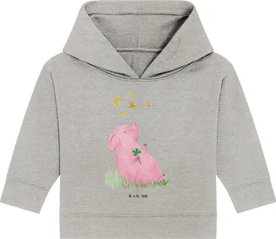 Produktbild von Mr. & Mrs. Panda Organic Baby Hoodie Schwein Glück 12. - 18. Monat - Heather Grey - Geschenk, Ziele, Motivation, Lustige Sprüche, Kapuzensweatshirt, Sterne, Kapuzenshirt
