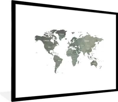 Produktbild von MuchoWow® Gerahmtes Poster Weltkarte - Geographie - Grau 80x60 cm - Poster mit Schwarzem Bilderrahmen Wandposter Rahmen Foto Bilder - Schlafzimmer-Dekorationen - Fotoposter