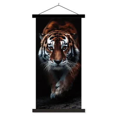 Produktbild von MuchoWow® Textilposter Tiere - Tiger - Schwarz - Wild - Porträt 60x120 cm mit schwarzem Rahmen - Magnete