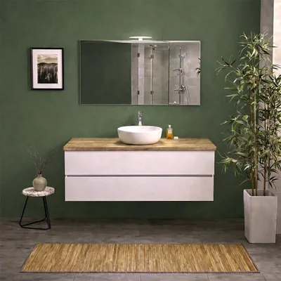 Immagine prodotto di Mobile bagno sospeso 120cm bianco export con top rovere naturale, specchio e lampada | Berlin
