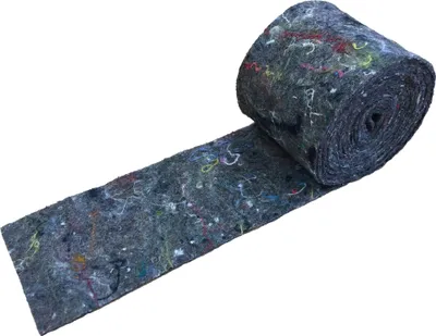 A roll of grey felt material with colorful threads, unrolled to show a strip of the material.