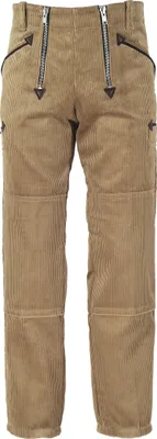A pair of tan corduroy pants with zippers on the front.