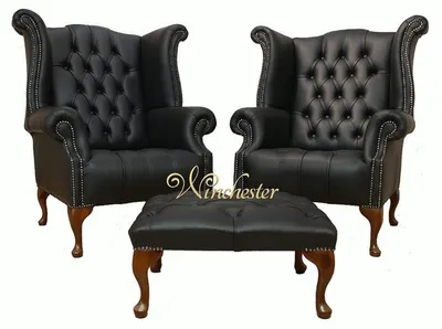 Zdjęcie produktu dla Fotel skrzydłowy Chesterfield 2x + taboret skórzany zestaw sof tapicerka kanapa sofy