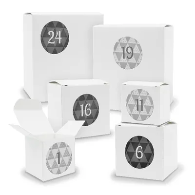 Produktbild von Adventskalender zum Füllen 24x Quader Würfel gemischt WEISS + Sticker (V01 Z25)