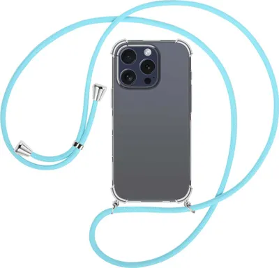 Produktbild von Handykette Backcover-Schutzhülle mit Band (Metall silberfarben) für iPhone 16 Pro - himmelblau