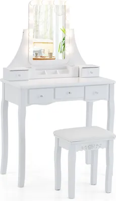 A white vanity table with a lighted mirror and a matching stool, set against a white background.