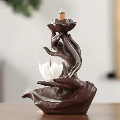 Produktbild von Rückfluss-Räucherbrenner, Design mit Lotusblume und Wasserfall, handgefertigter Keramik-Räuchergefäß