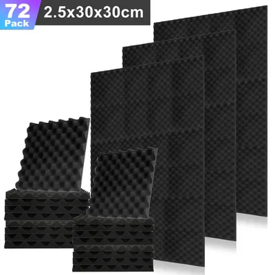 Produktbild von Eikuavons 72 Stück Akustikschaumstoff Akustikschaum Matten 30 x 30 x 2.5cm Schalldämmmatten zur effektiven Schaumstoff Fliesen Wellenprofil Schwarz