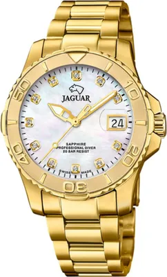A close-up studio shot of a gold-colored wristwatch with a white mother-of-pearl dial.