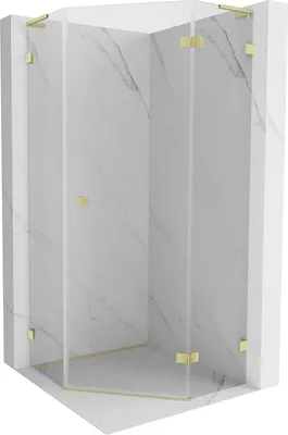 Produktbild von Mexen Lunar L fünfeckige Duschkabine, rechte Schwingtür 80 x 80 cm, transparent, gebürstetes Gold - 831L-080P-080L-55-00-P