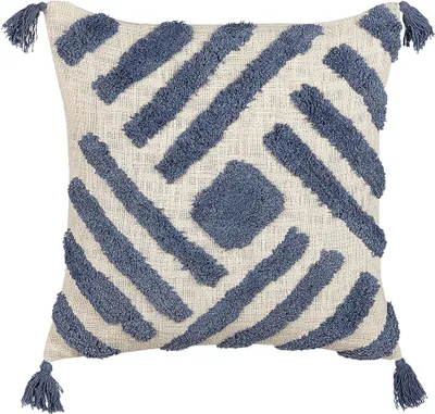 Produktbild von BELIANI Dekokissen Hellbeige und Blau Baumwolle 45 x 45 cm Bezug mit Füllung Reißverschluss Geometrisches Muster Strukturiert Quasten Boho Wohnzimmer